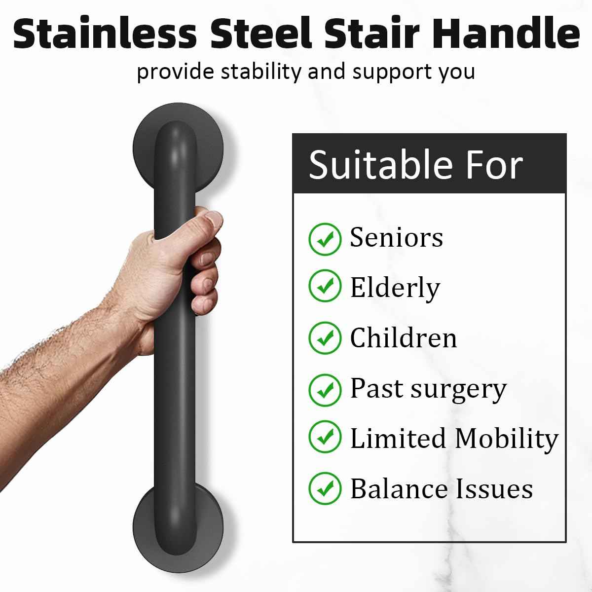 2 Pack 16 Inch Metal Industrial Handrail Grab Pipe Staircase Steps Indoor Exterior Outdoor Deck Hand Rail Safety Grab Bar (Matte Black) Handle for Stairs Bars Wall Elderly Grab Wall Mounted