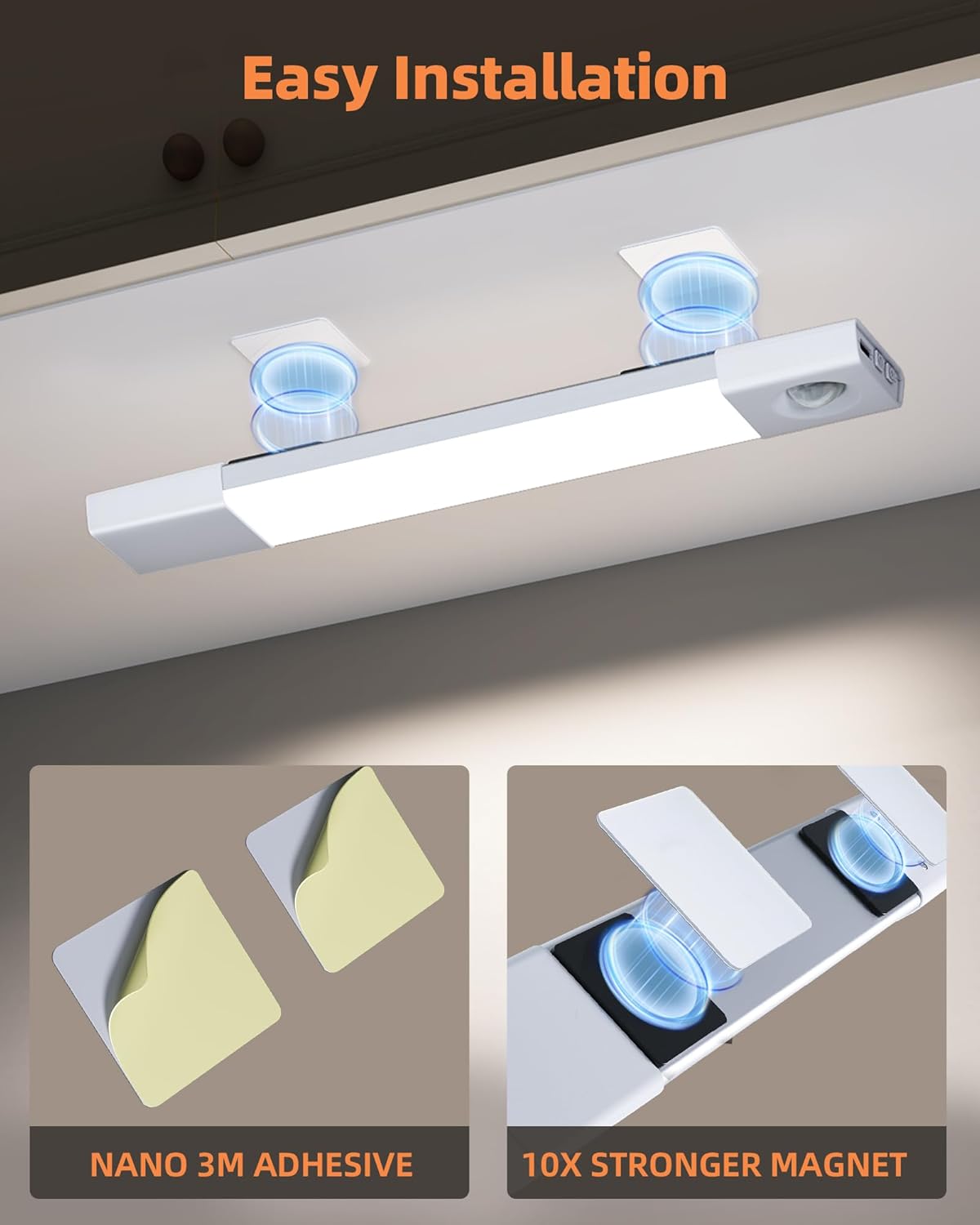 Rechargeable LED Under Cabinet Lighting - 6 Pack Motion Sensor Lights with Charging Station, 3 Color Dimmable for Kitchen & Stair