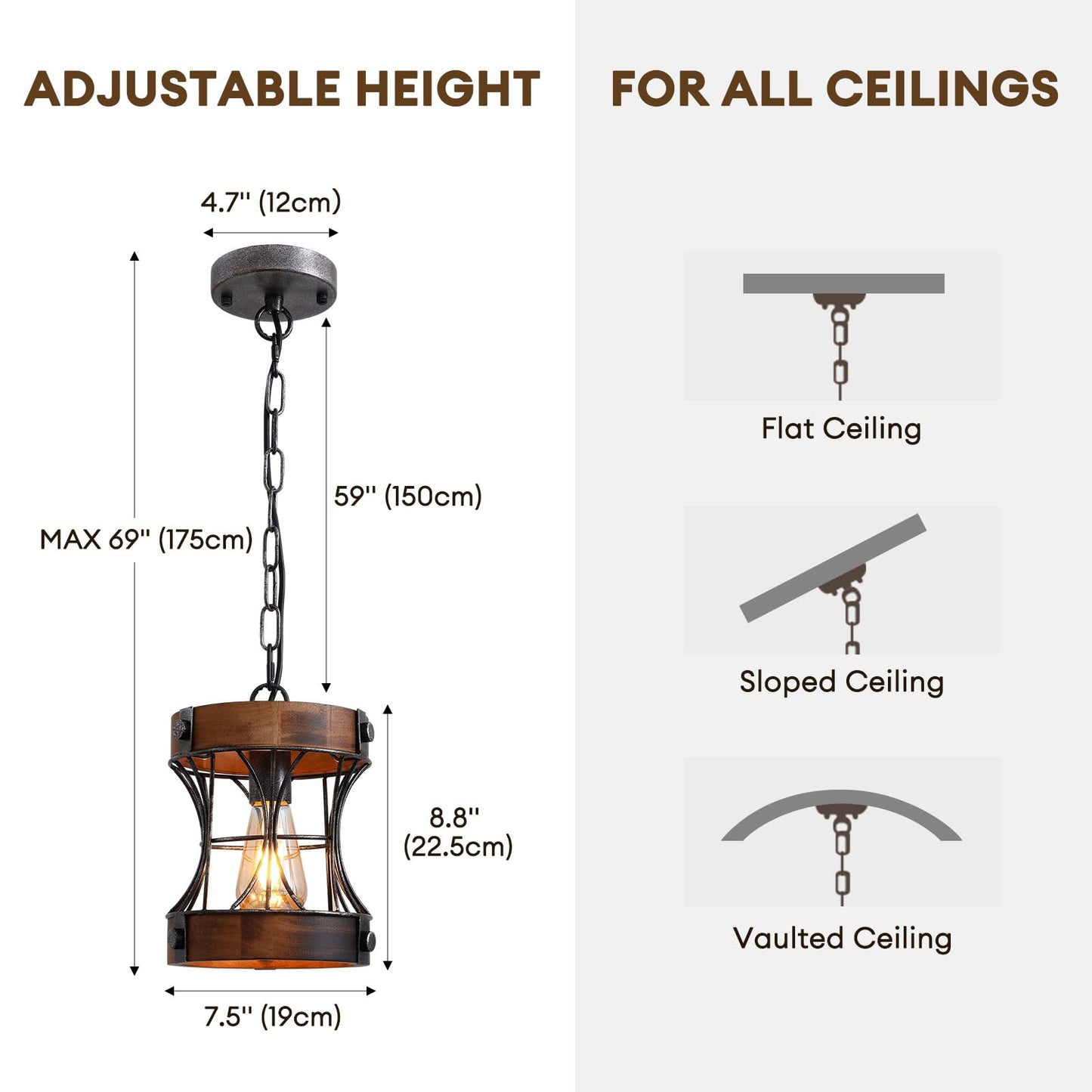 Rustic Chandelier, Modern Farmhouse Chandeliers for Dining Room, Wood Pendant Lights for Kitchen Island Foyer Hallway Bar, 1-Light Retro Rustic Light Fixtures for All Ceilings D 7.5" x H 8.8"