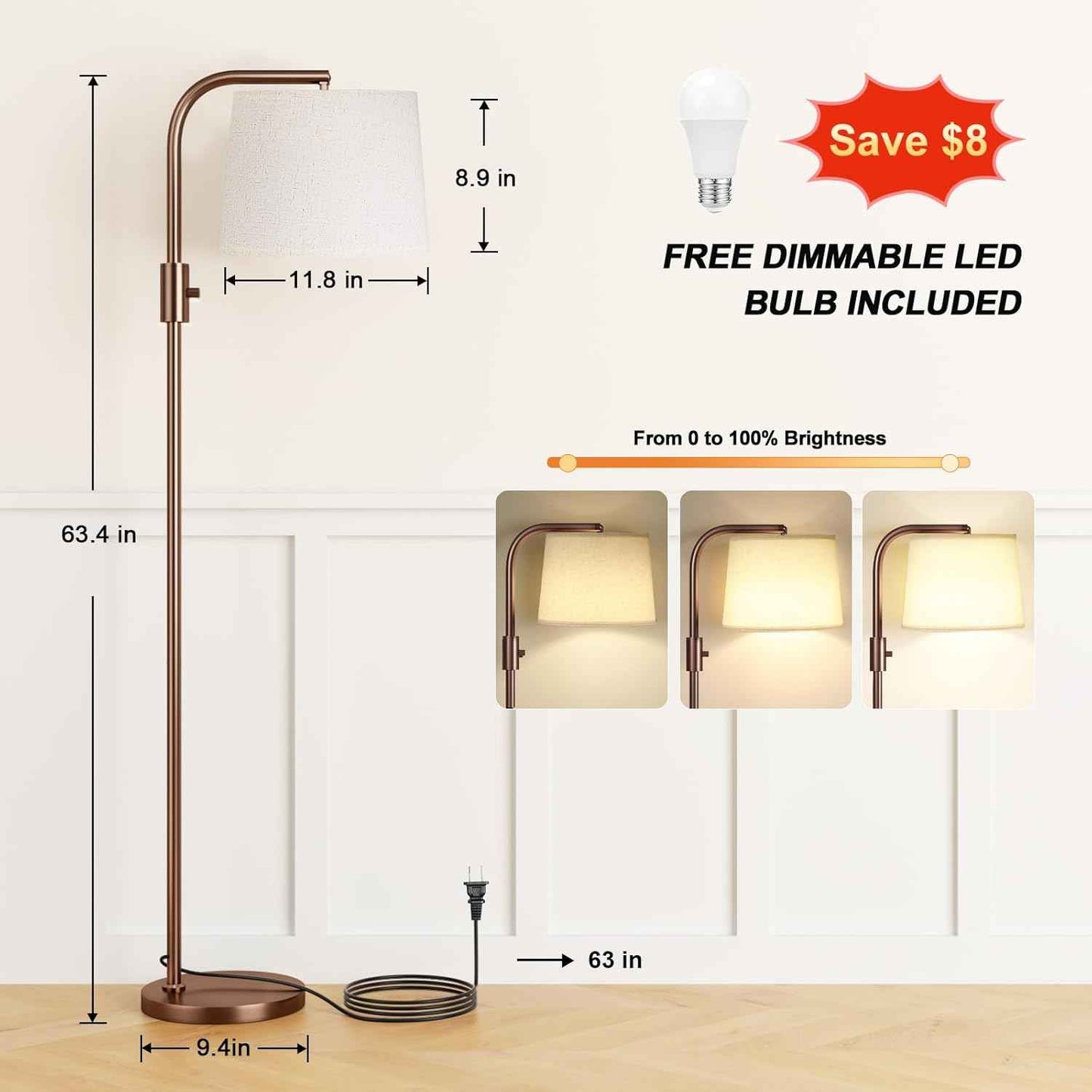 Modern Dimmable Floor Lamp with 9W LED Bulbs - Stylish Standing Light for Living Room & Bedroom (Gold & White)
