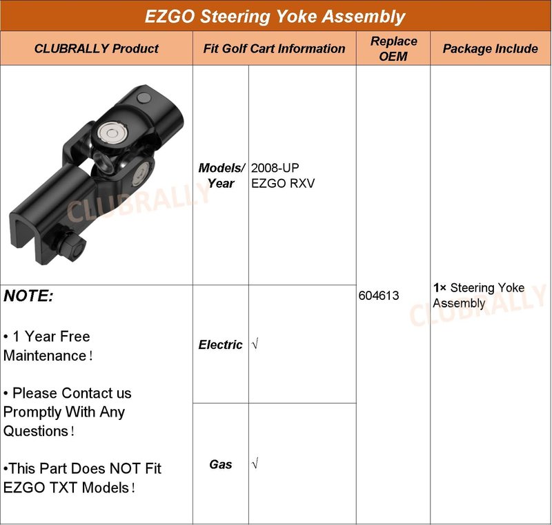 CLUBRALLY EZGO Steering Yoke Fits for 2008-UP EZGO RXV Gas & Electric Golf Cart, OEM#604613