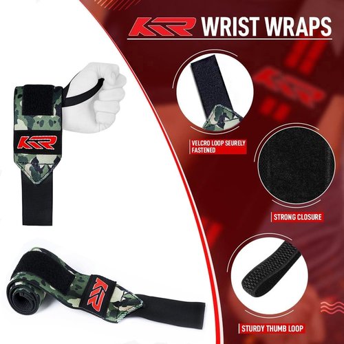 KTR Camo Printed Wrist Wraps for Men & Women | Premium Gym Wrist Straps for Powerlifting, Strength Training, & Weightlifting Support (Army Camo)