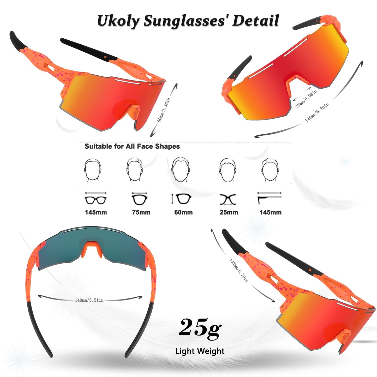 Ukoly Cycling Sunglasses for Men Women with Interchangeable nosepad, Polarized Sports Sunglasses, Baseball Sun glasses 550A LO