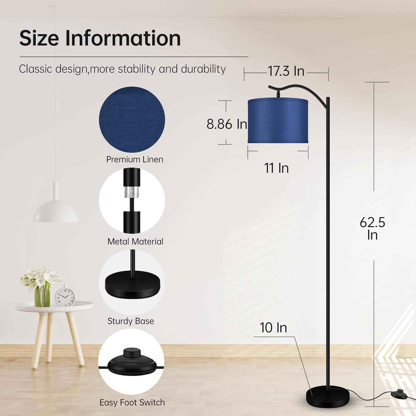 Modern LED Floor Lamp with Bohemian Linen Shade – Arched Tall Standing Light for Living Room & Bedroom