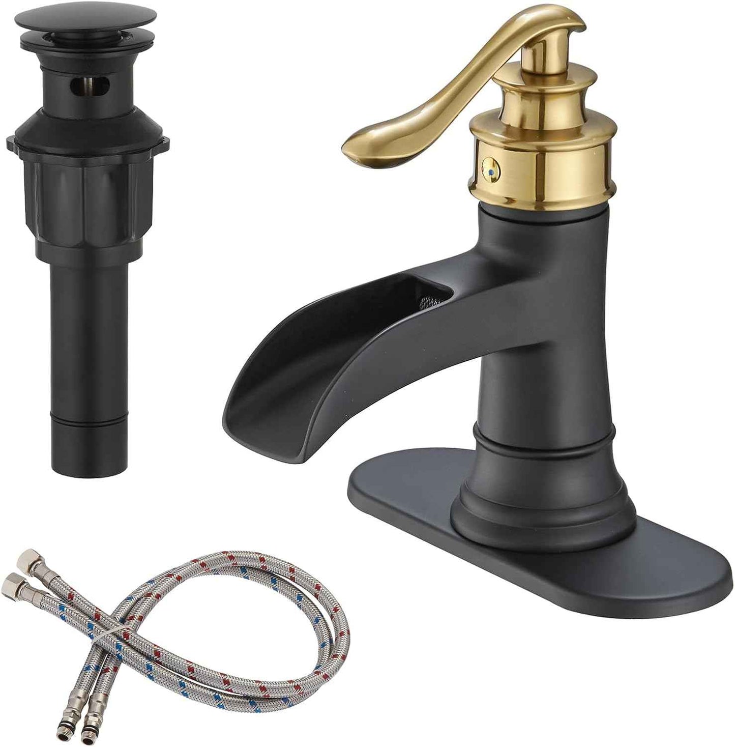 Matte Black Waterfall Bathroom Faucet - Single Handle Lavatory Sink Mixer with Brass Drain