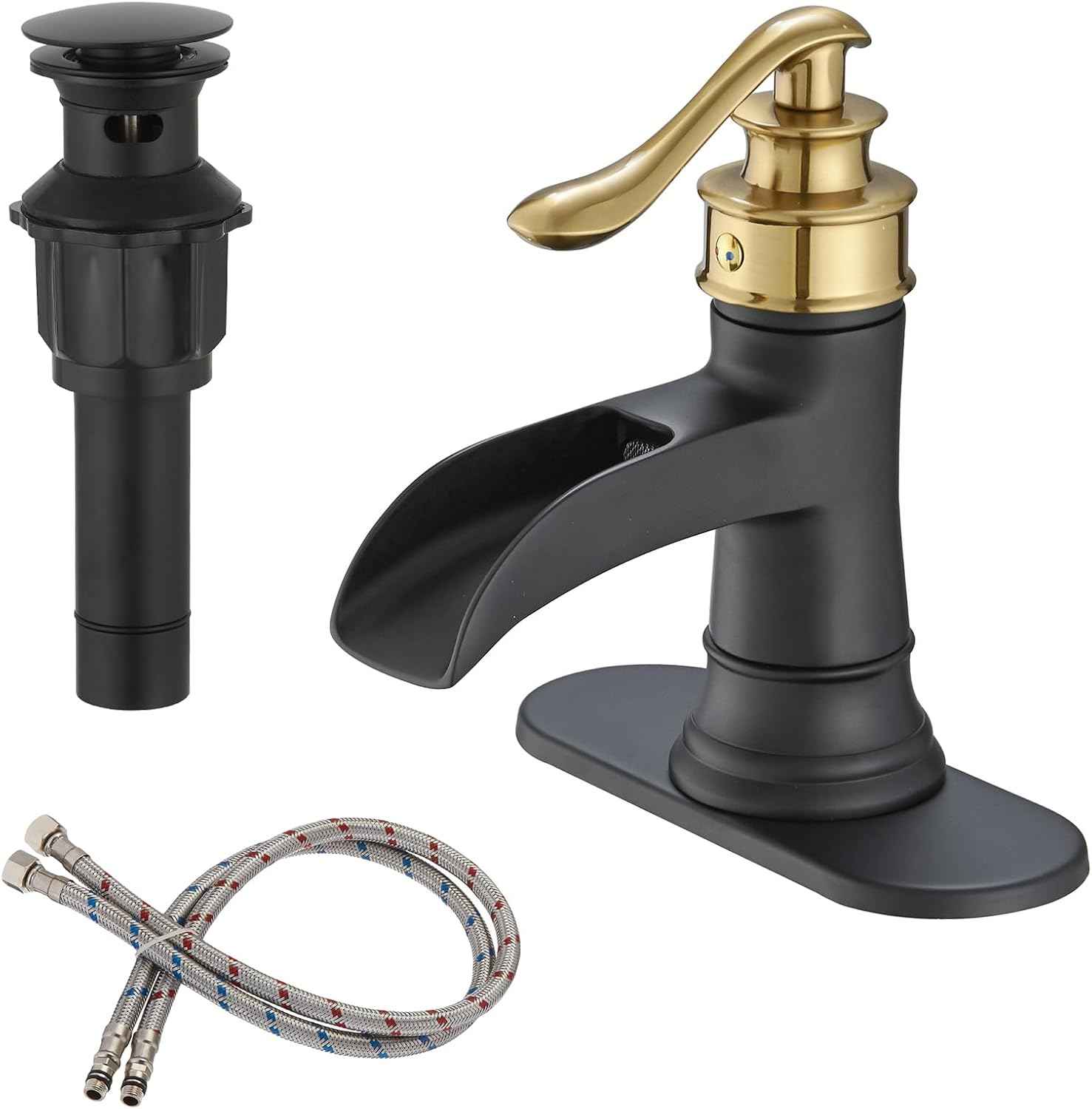 Matte Black Waterfall Bathroom Faucet - Single Handle Lavatory Sink Mixer with Brass Drain