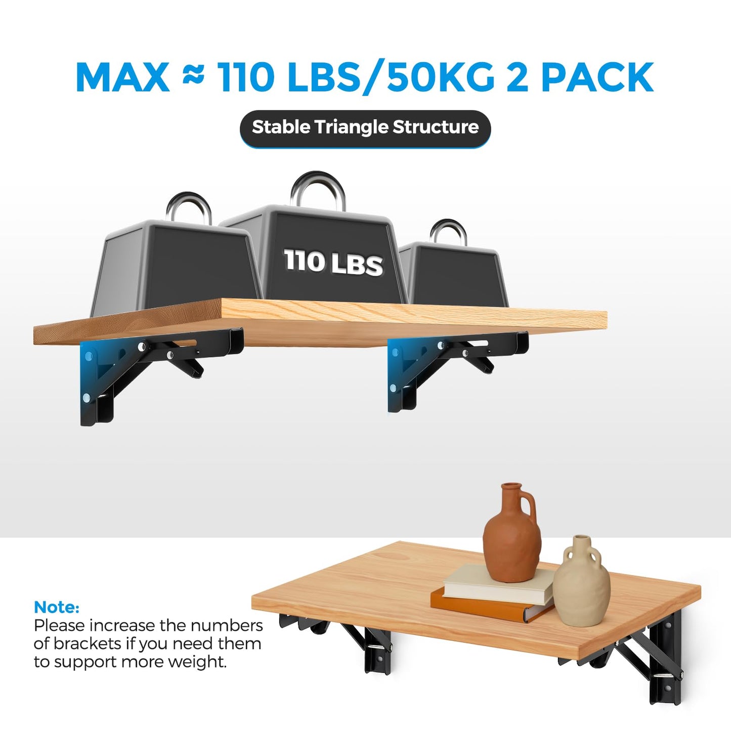 Home Expert 6 Inch Folding Shelf Brackets, 2 Pack (1 Pairs) Heavy Duty Metal Collapsible Wall-Mounted Brackets, Space-Saving DIY Foldable Shelf for Benches and Tables, Matte Black