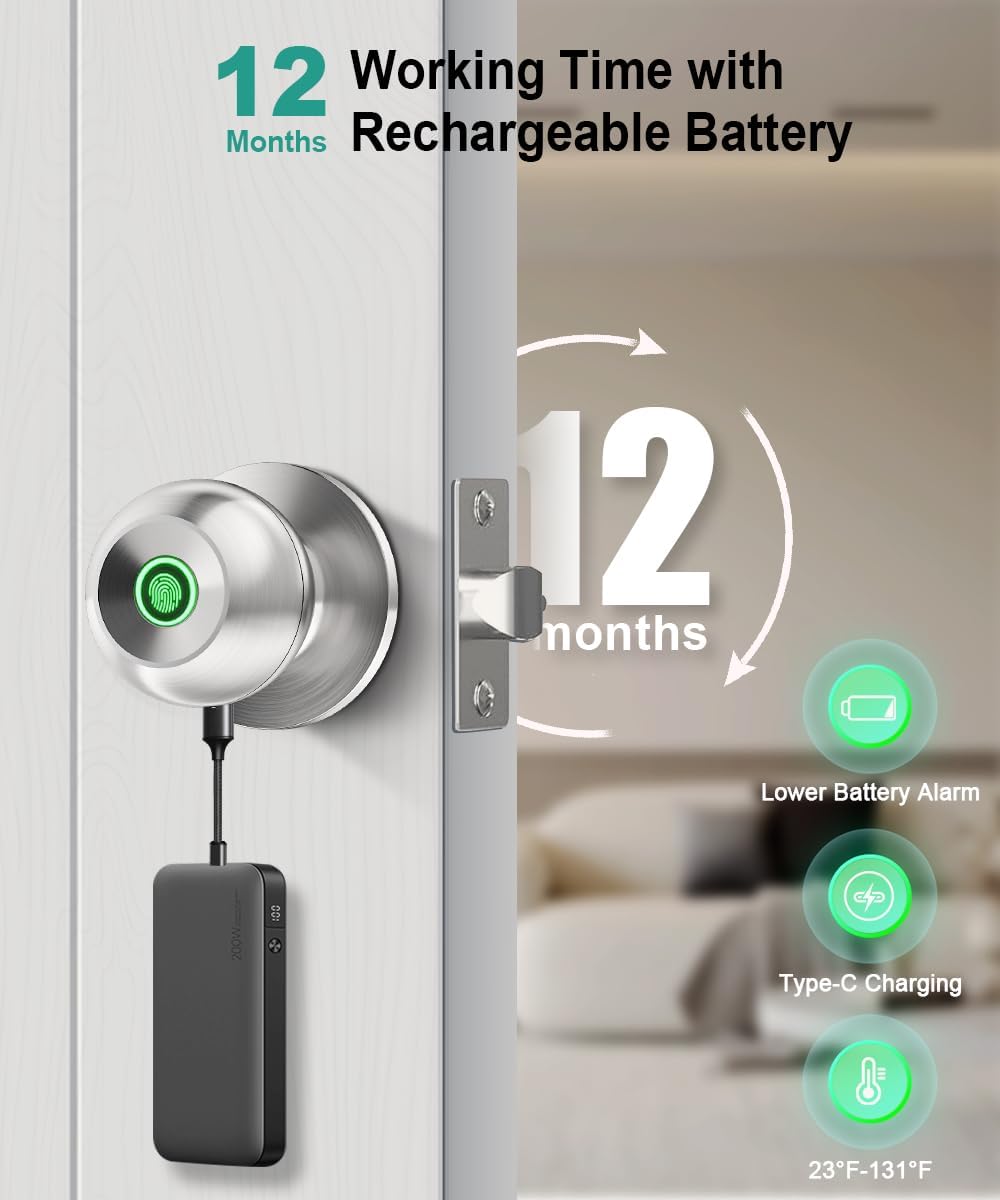 Smart Fingerprint Door Lock - Biometric Keyless Entry Knob with App Control for Home, Office & Garage