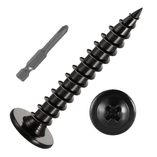 #10 x 1-1/2" (80 PCS) Modified Truss Head Wood Screws, Phillips Drive Quick Metal Self Tapping Screws, Black Coating, Full Thread, Screwdriver Bit Included
