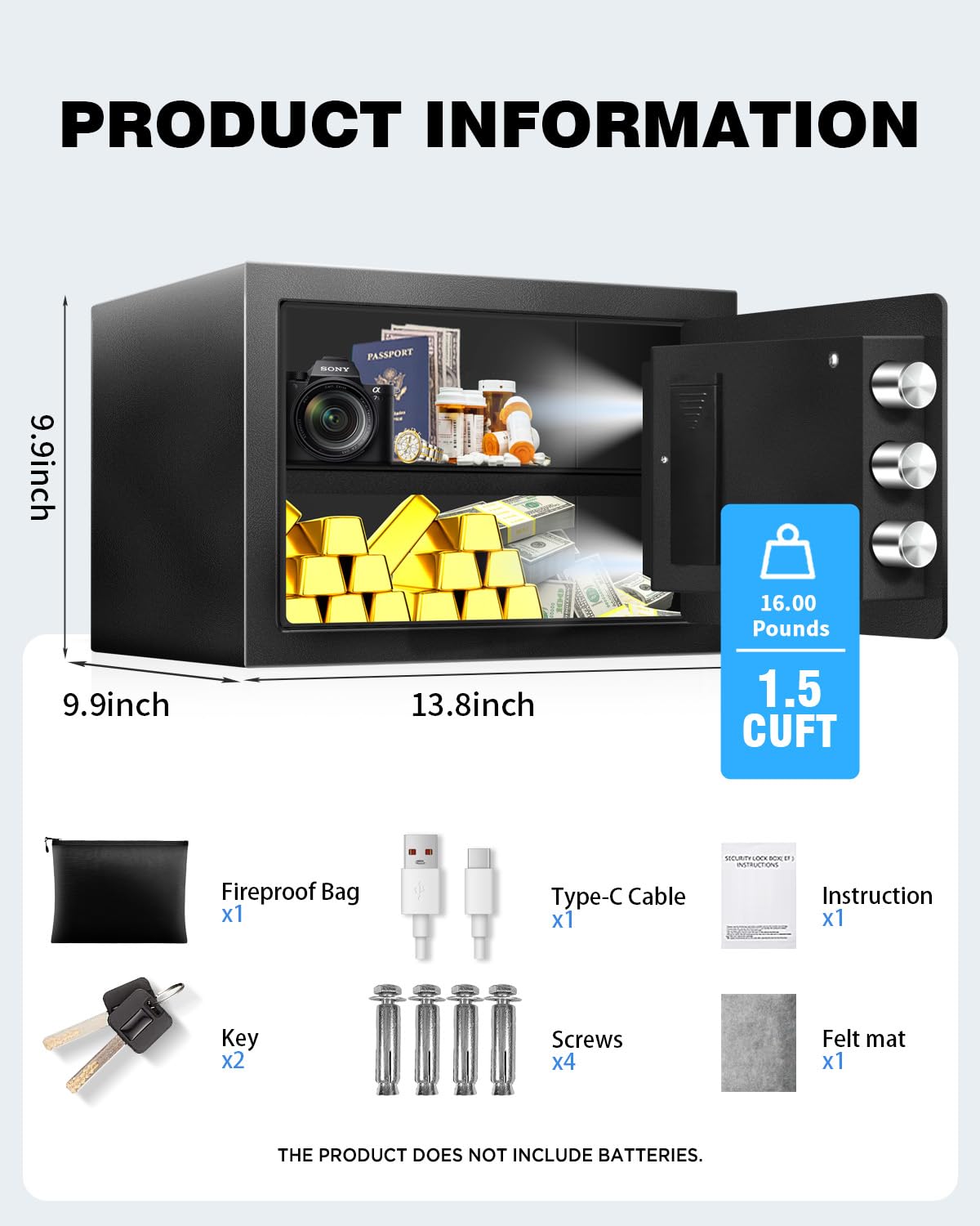 Fdsutvit Safe Box 1.5 Cu Ft, Steel Security with Fireproof Bag & Digital Electronic Keypad, Safety Lock Box, Sensor Light, Removable Shelf, Home Safe for Valuables Documents Money Jewelry