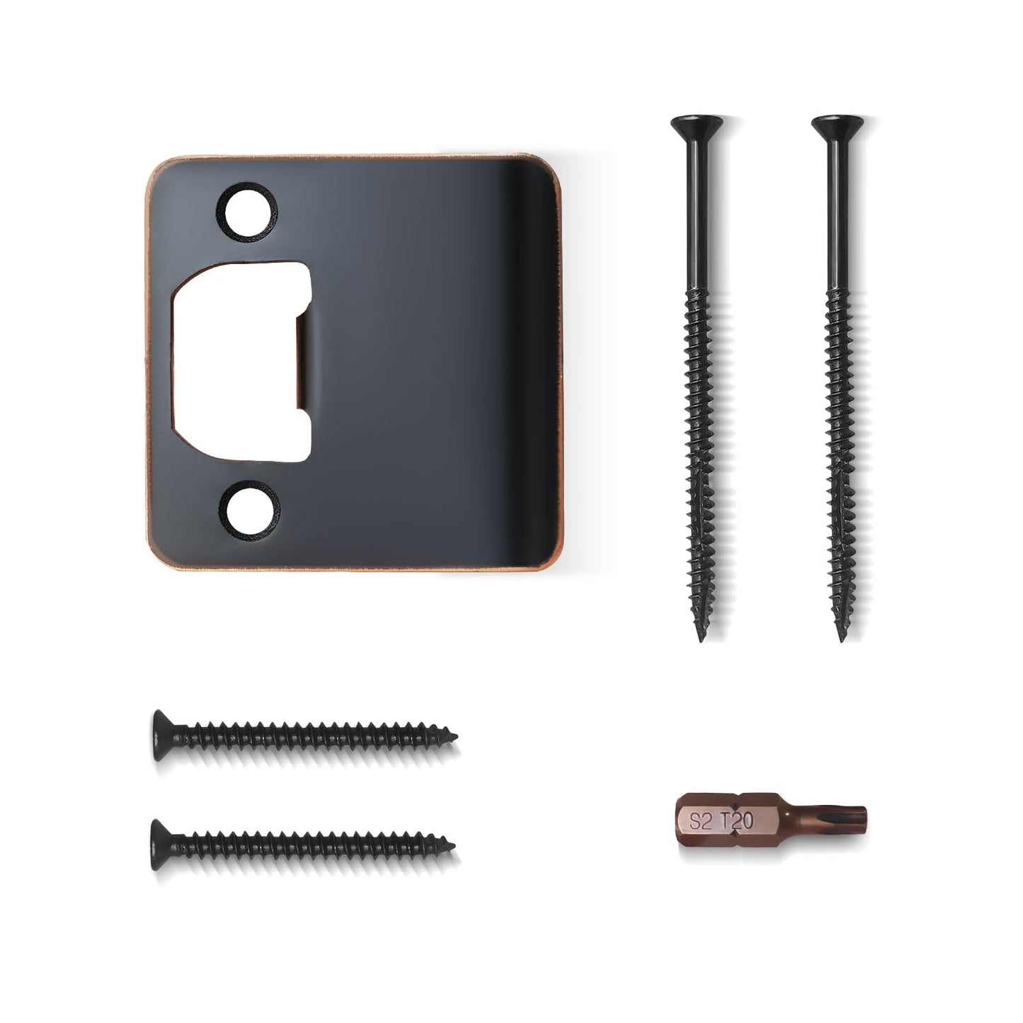MOSECYOU Extended Lip Strike Plate 2-1/4" x 2-1/4", Heavy Duty Version with Reinforced Torx/Star Screws & Bit, Door Latch Extender Striker, Exterior/Interior Restorer Kit (Oil Rubbed Bronze, 1 Pack)