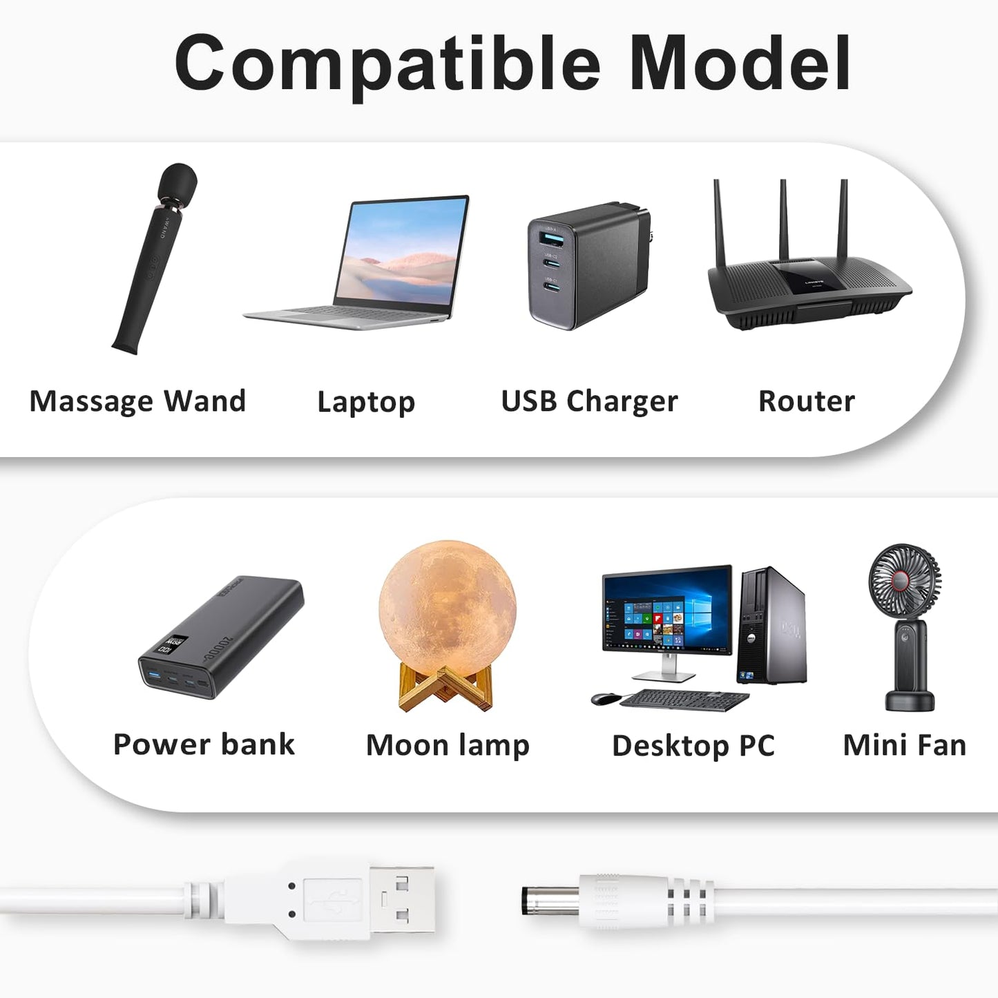 Cordro USB to DC 5V Power Cord, Universal DC 5.5x2.1mm Plug Jack Charging Cable with 9 Adapters for Moon Lamp, Massage Wand, Router, LED Light, Mini Fan, Speaker and More Devices (White)