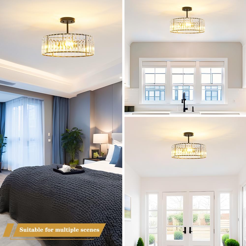 Modern Gold Crystal Ceiling Light Fixture - 11-Inch Semi Flush Mount Chandelier for Kitchen & Entryway