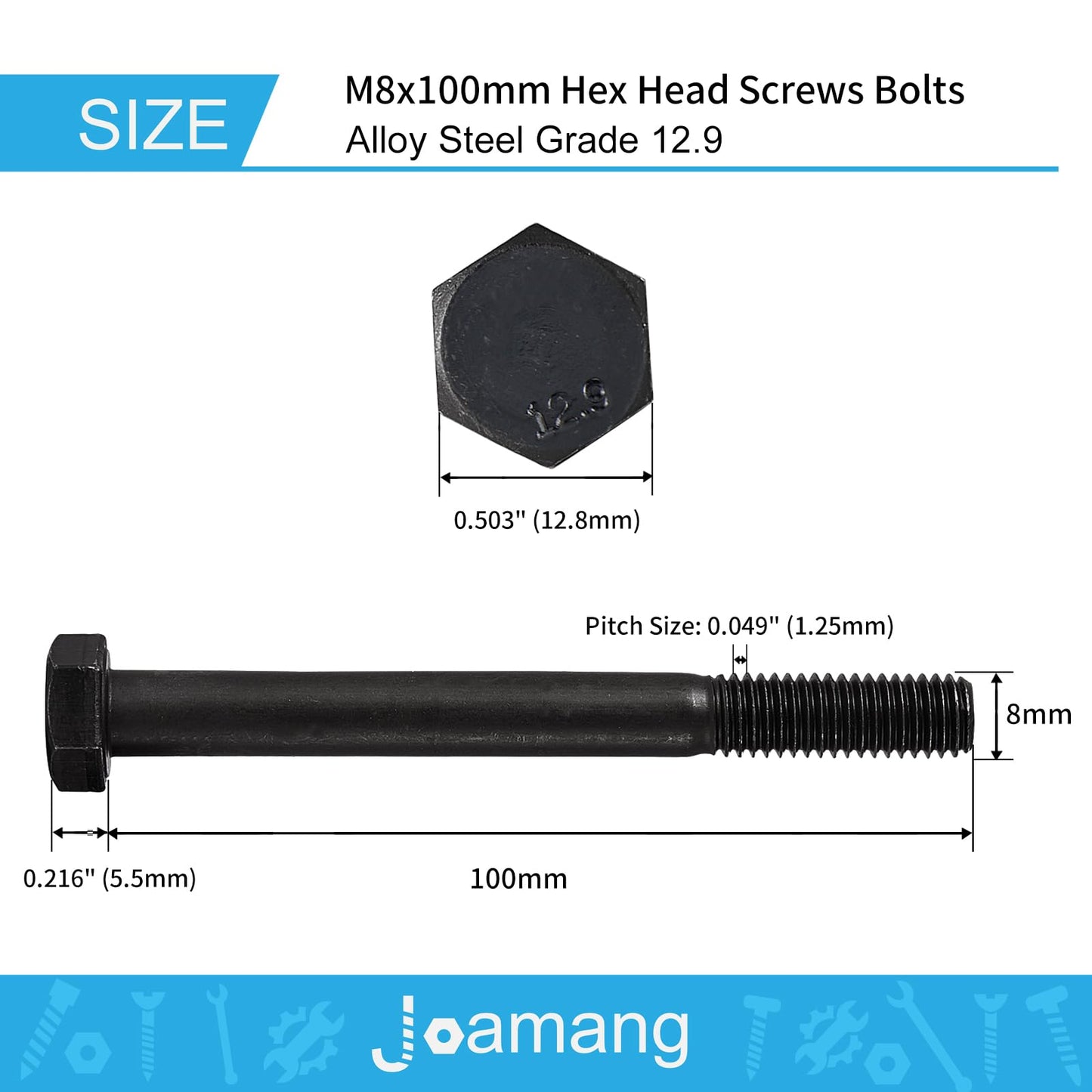 Joamang M8 x 100mm 8Pcs Hex Head Bolts, M8 x 1.25 Bolts, Hexagon Head Screws, 12.9 Grade Alloy Steel, Black Oxide Finish, Metric Machine Threaded, Half Thread