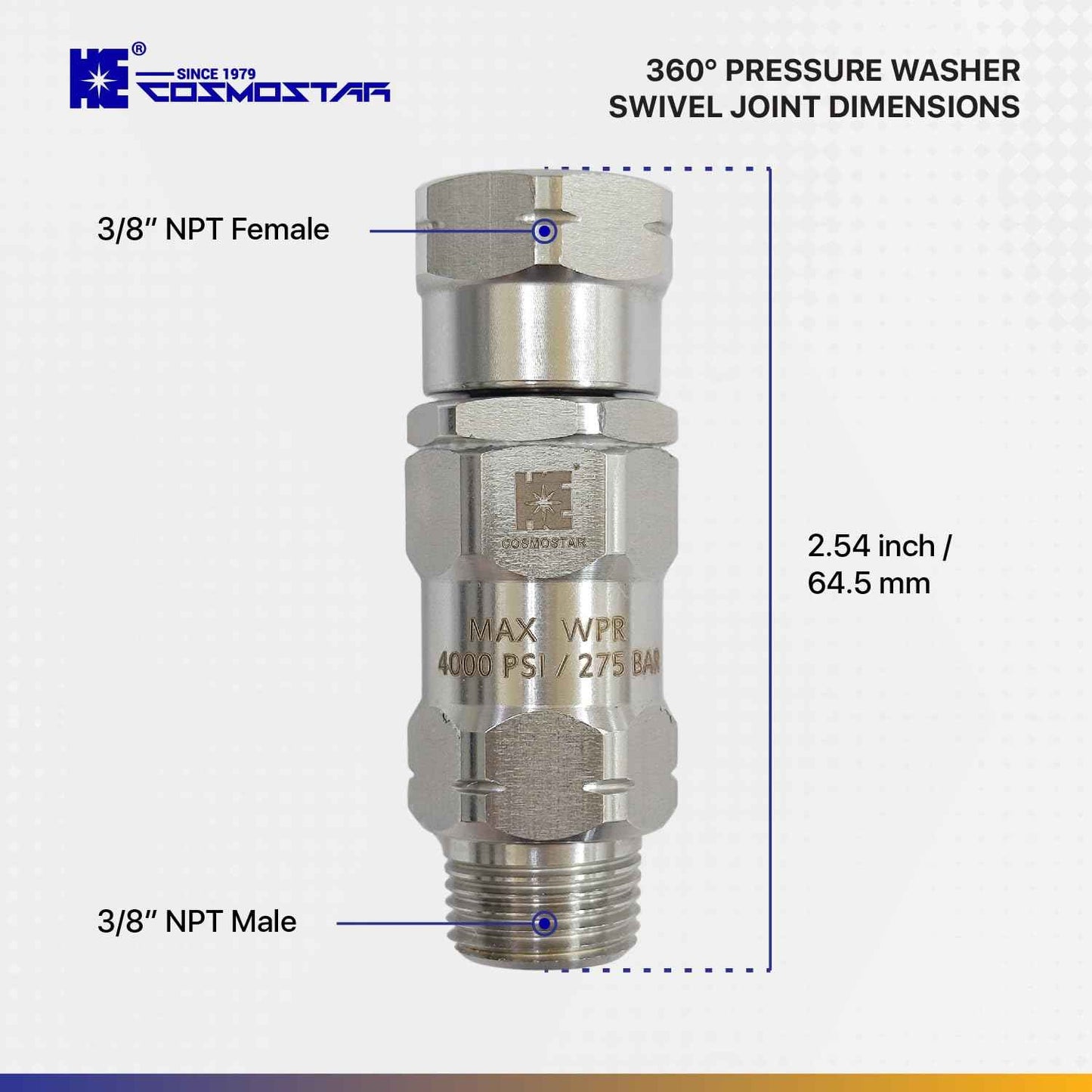 Cosmostar Stainless Steel 3/8" NPT-M 360° Pressure Washer Swivel – Enhanced Leak-Proof High-Flow Design and 4000 PSI – Not for M22 Threads