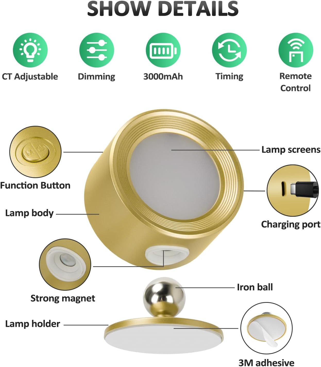 Rechargeable LED Wall Mounted Lights - 3 Pack with Remote, Dimmable & 360° Rotation for Bedroom