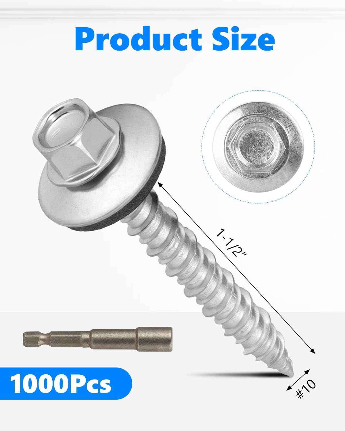 Metal Roofing Screws #10 x 1.5 Inch - 1000 PCS Zinc-Plated Hex Head with Rubber Washers for Corrugated Roofs