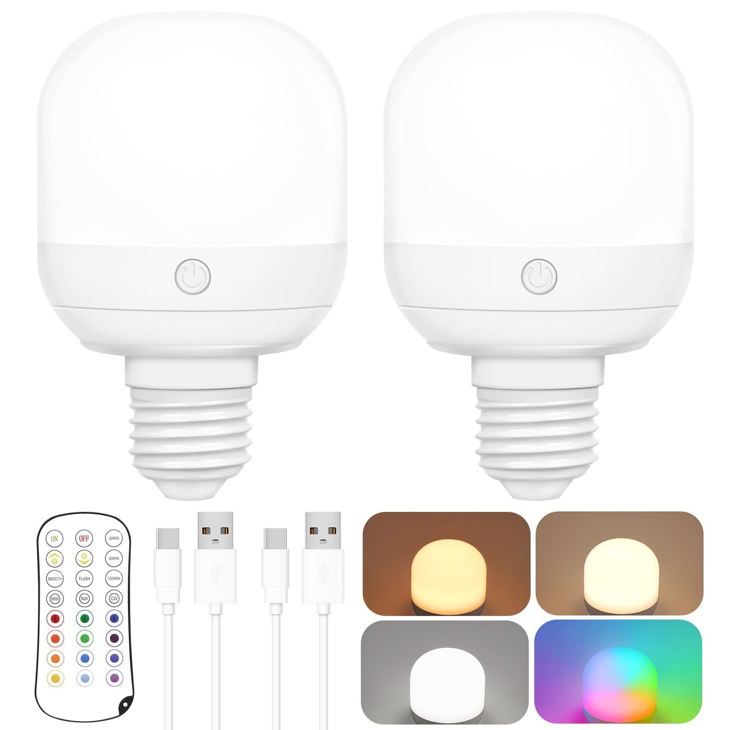 Yochoice 2-Pack Rechargeable Battery Operated Light Bulb with Remote Control, E26 Battery Powered Dimmable Light Bulb with 3 Color Temperatures + 12 RGB Colors, Detachable LED Bulb for Wall Sconce