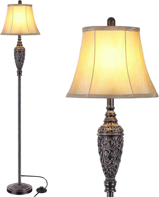 Vintage 65’’ Floor Lamp - Traditional Standing Lamp with Carved Resin Base & Foot Switch, Classic Farmhouse Style for Living Room, Bedroom, Office - Bronze Finish