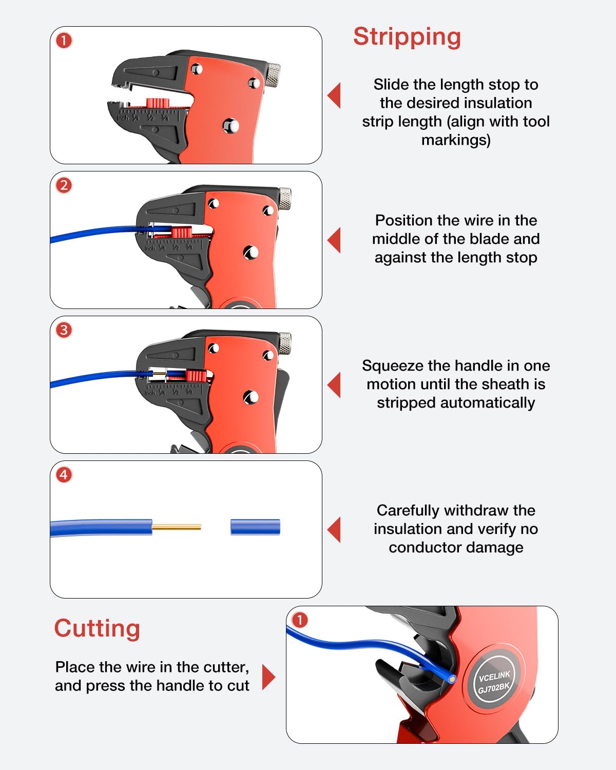 VCELINK Automatic Quickstrip Wire Stripper and Cutter, Professional Quick Strip Wire Stripper, 2 in 1 Adjustable Electrical Cable Wire Stripping Tool&Eagle Nose Self-Adjusting Wire Pliers, Black