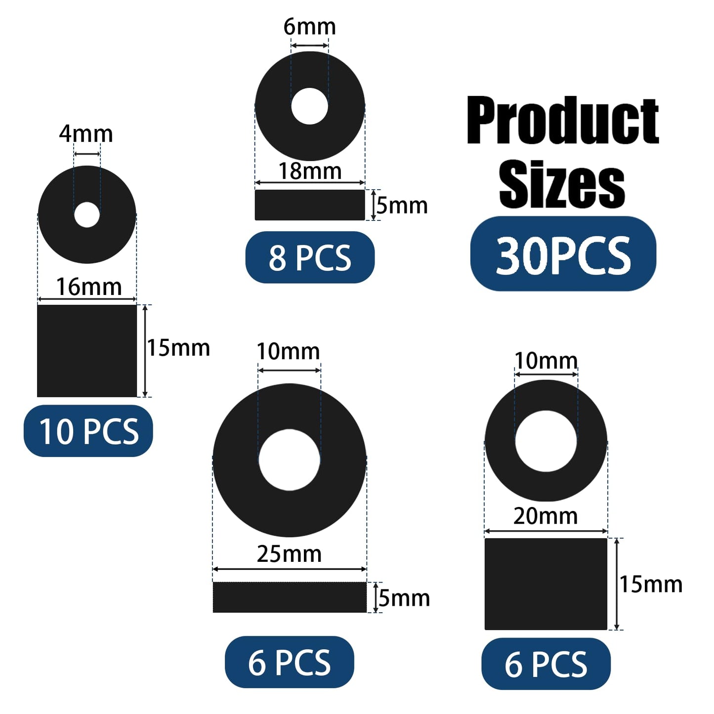 REDANHA 30 PCS Rubber Spacer 4 Sizes Black Non-Slip Thick Grommets Vibration Isolation Round Rubber Flat Washers
