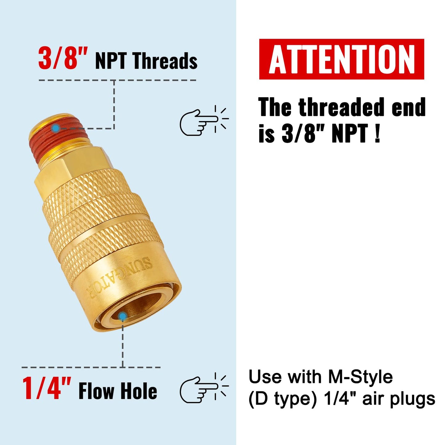 SUNGATOR 2 Pack 3/8'' Male NPT Industrial Air Couplers with 1/4'' Flow Hole, Brass 3/8'' MNPT Thread to 1/4'' Air Hose Fittings, Quick Connect Pneumatic Air Couplers with Pre-Coated Sealant