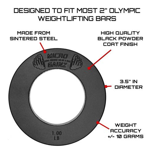 Micro Gainz Calibrated Fractional Weight Plate Set of 2 Plates, Choose Set (.25LB-1.25LB), Designed for Olympic Barbells for Strength Training & Micro Loading Bar Weights, Made in USA (1lb Black)