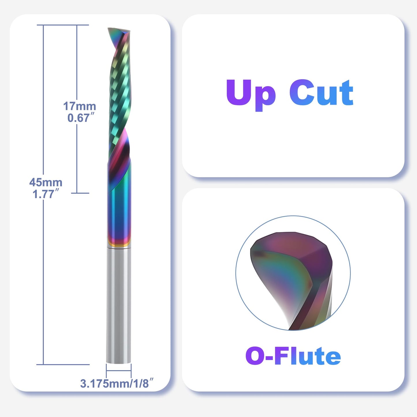BFVV 10 pcs O Flute CNC Router Bit Set, 1/8-inch Shank Single Flute End Mill, Spiral Up-Cut Solid Carbide Milling Cutters with DLC Coating, Ideal for Aluminum, Plastic, Acrylic, Wood, MDF and PVC