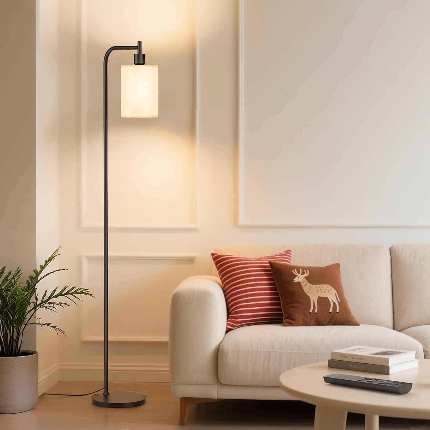 Dimmable Floor Lamp with Linen Shade & Remote Control - Modern 9W LED Standing Lamp for Living Room, Bedroom, Office