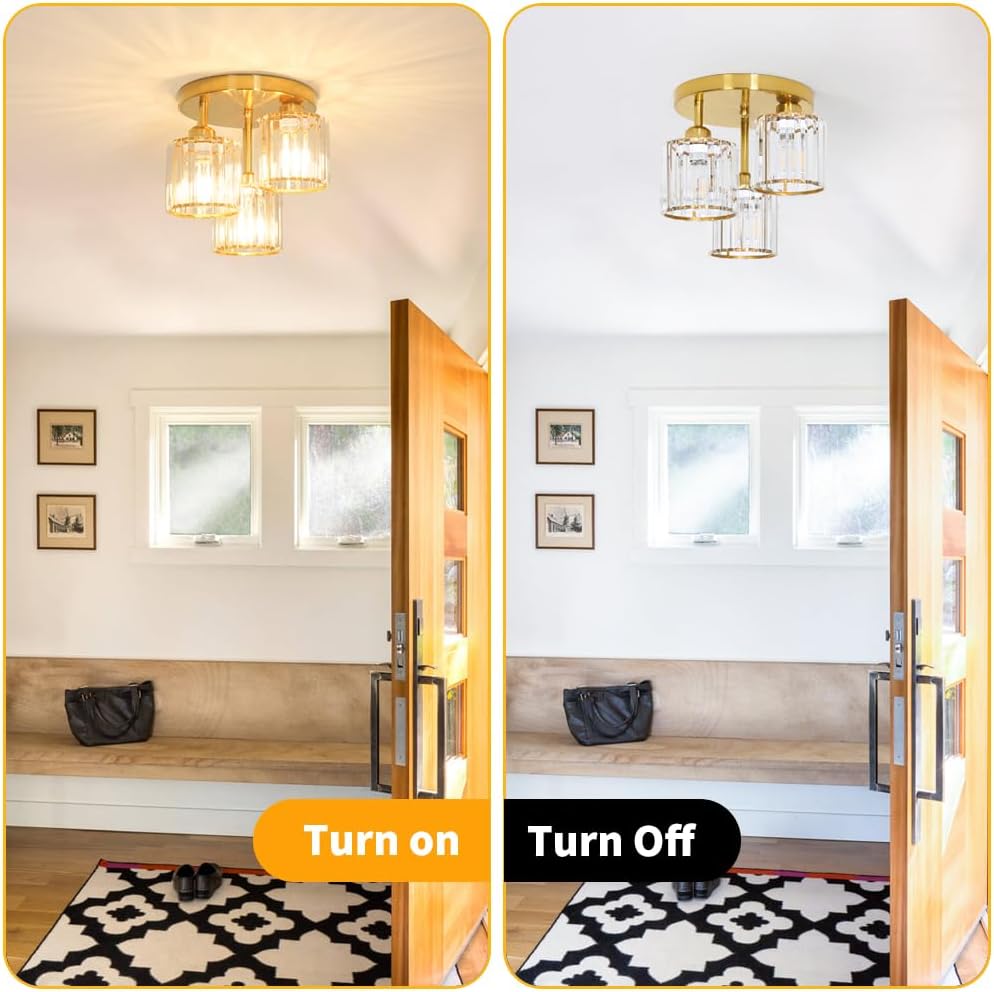Modern Gold Crystal Ceiling Light Fixture - 11-Inch Semi Flush Mount Chandelier for Kitchen & Entryway