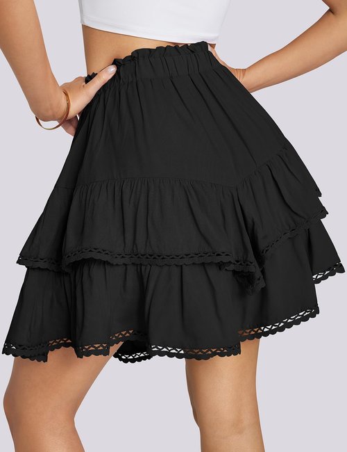 TARSE Women's Boho Ruffle Tiered Skorts Elastic High Waist Flowy Mini Skirts Casual Crochet Shorts Trendy Vacation Black, XXL