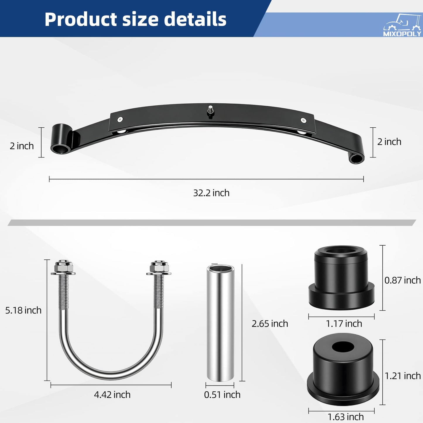 Mixopoly Heavy Duty 2-Leaf Rear Spring Kit Replacement for EZGO RXV 2008-up Golf Cart with Bushings, Sleeves & U-Bolts for Smoother Ride Replace OEM 603498, 604494