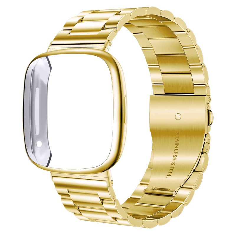 ZPJPPLX for Fitbit Versa 3 and Fitbit Sense Metal Quick Release Straps,Stainless Steel Band with Soft TPU Full Cover Protective Cases for Women Men,Gold