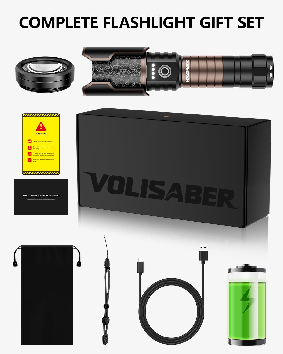 VOLISABER 5000 Lumens Rechargeable Flashlight, Tactical LED Flashlight High Lumens with Ignition Lens, 6 Modes Zoomable Waterproof Flash Light for Camping Emergency & Outdoor Adventure