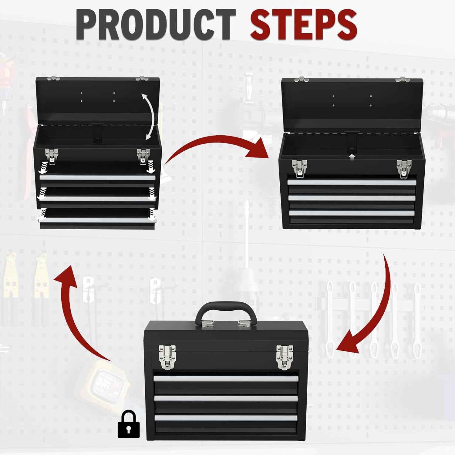 Portable Pink 3-Drawer Steel Tool Box with Locking System for Tool Storage