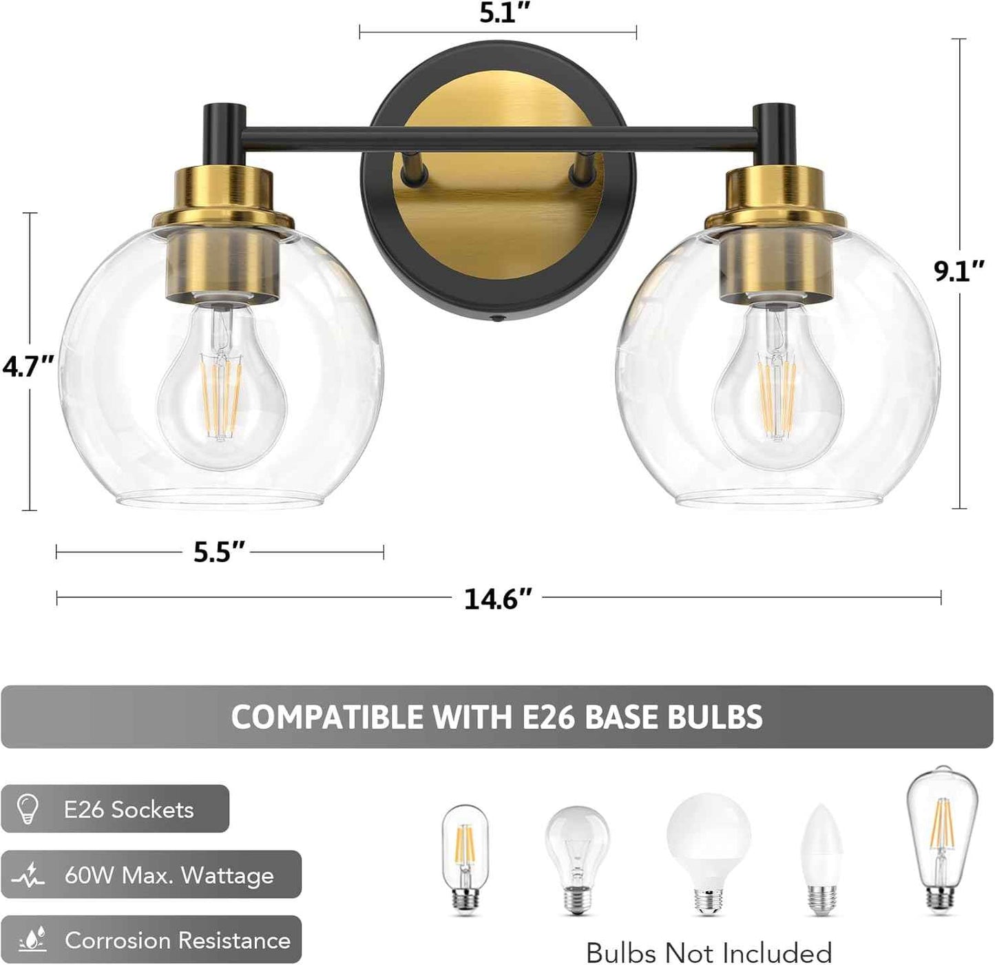 3-Light Vanity Bathroom Light Fixture with Globe Glass Shades - Brushed Nickel, ETL Certified