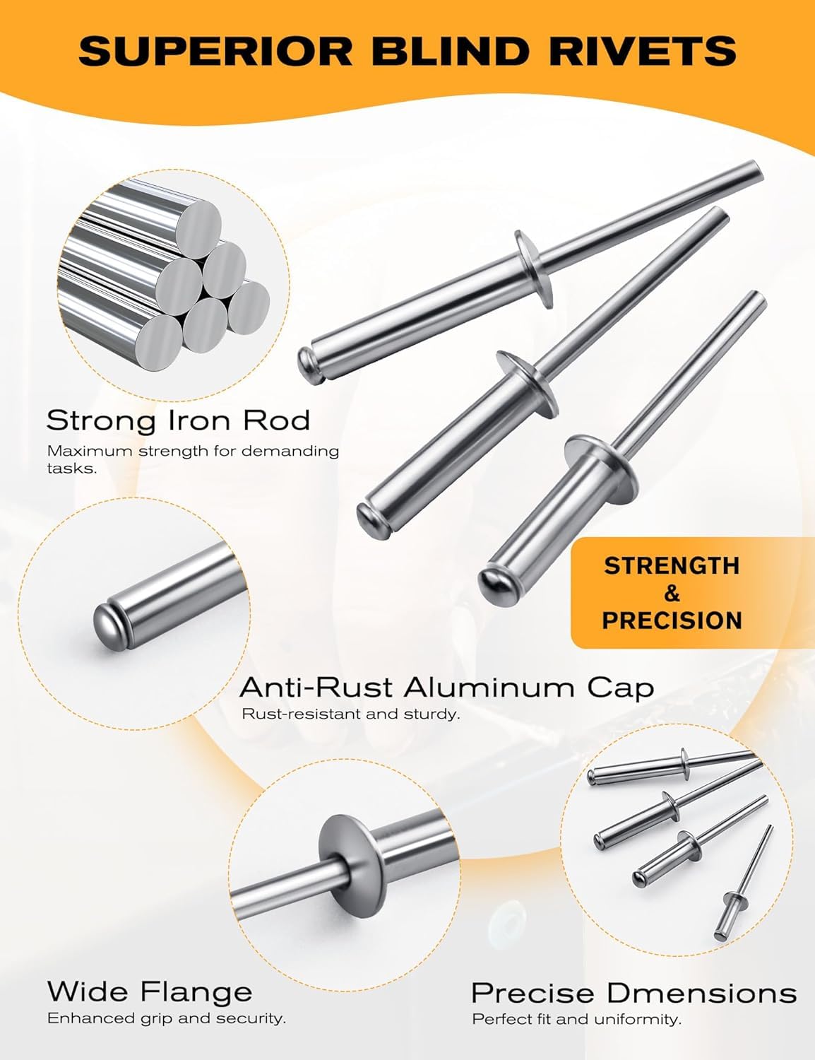 250 PCs 1/8'' x 1/2''Aluminum Blind Rivets, Pack of 250 CT 3.2mm x 13mm Pop Rivets with Aluminum Grip and Steel Mandrel