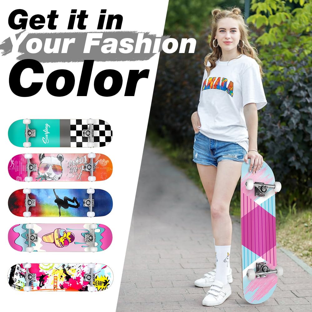 BELEEV Skateboards for Beginners, 31 x 8 inch Complete Skateboard for Kids Teens Adults, 7 Layer Canadian Maple Double Kick Deck Concave Cruiser Skateboard with Skate T-Tool(Light Pink)