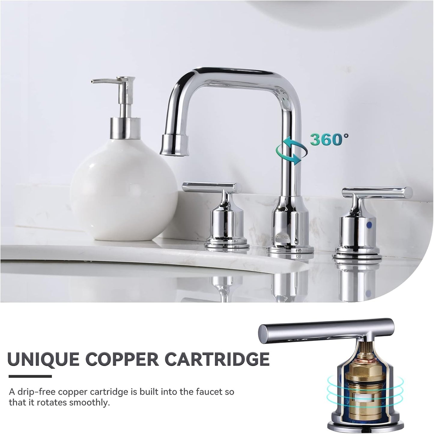 Brushed Nickel 8-Inch Widespread Bathroom Faucet with 360° Swivel Spout - Modern 2 Handle Lavatory Sink Fixture
