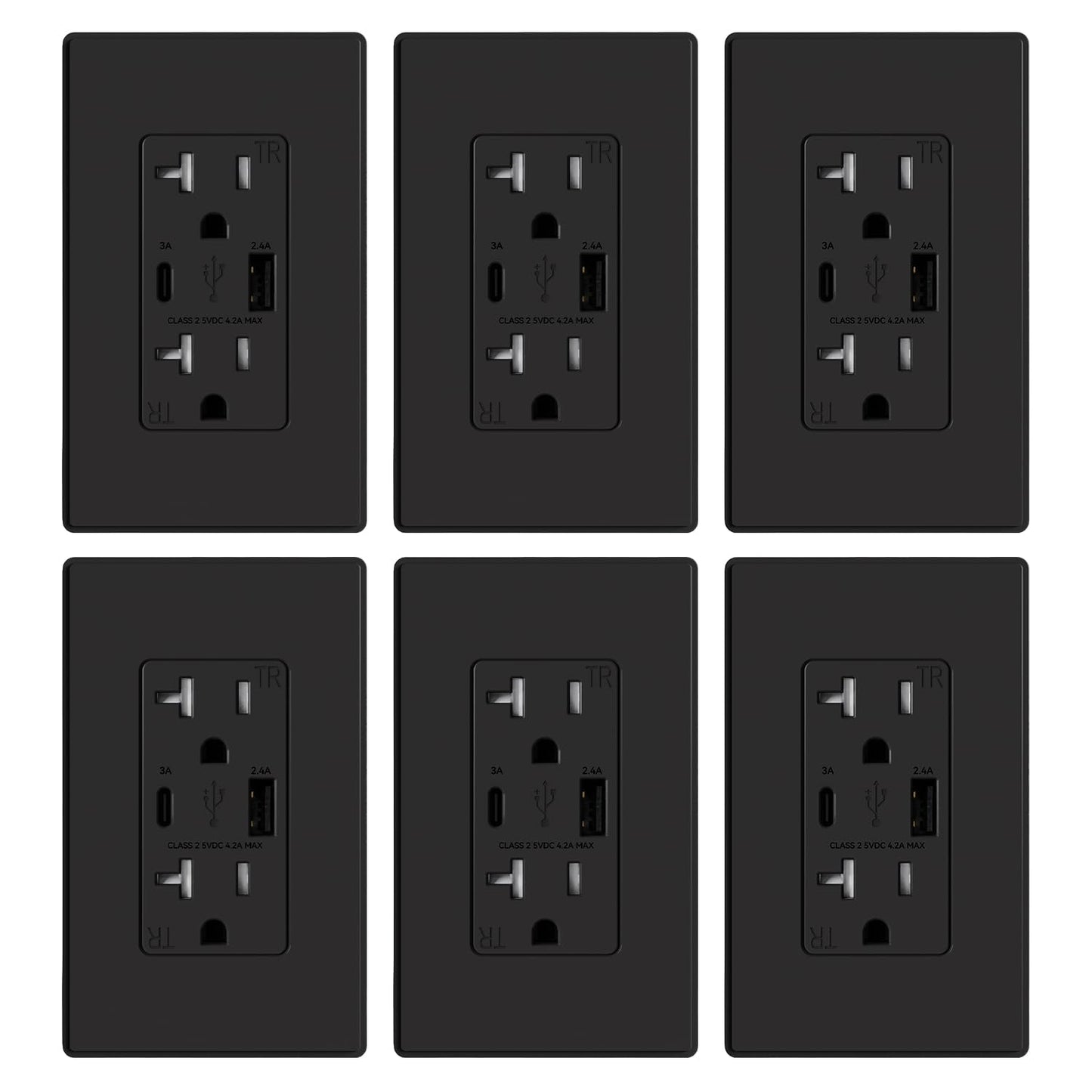 USB Charger Wall Outlet with USB A & C Ports - 15A Tamper Resistant, UL Listed, 6 Pack - Matte Light Almond