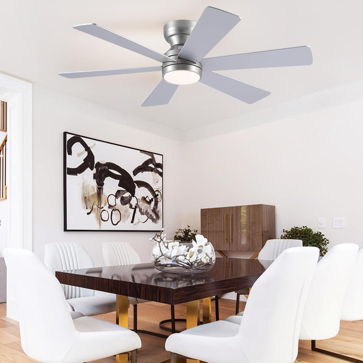 46” Black Low Profile Ceiling Fan with Lights & Remote Control - Dimmable, Noiseless, Reversible for Bedroom