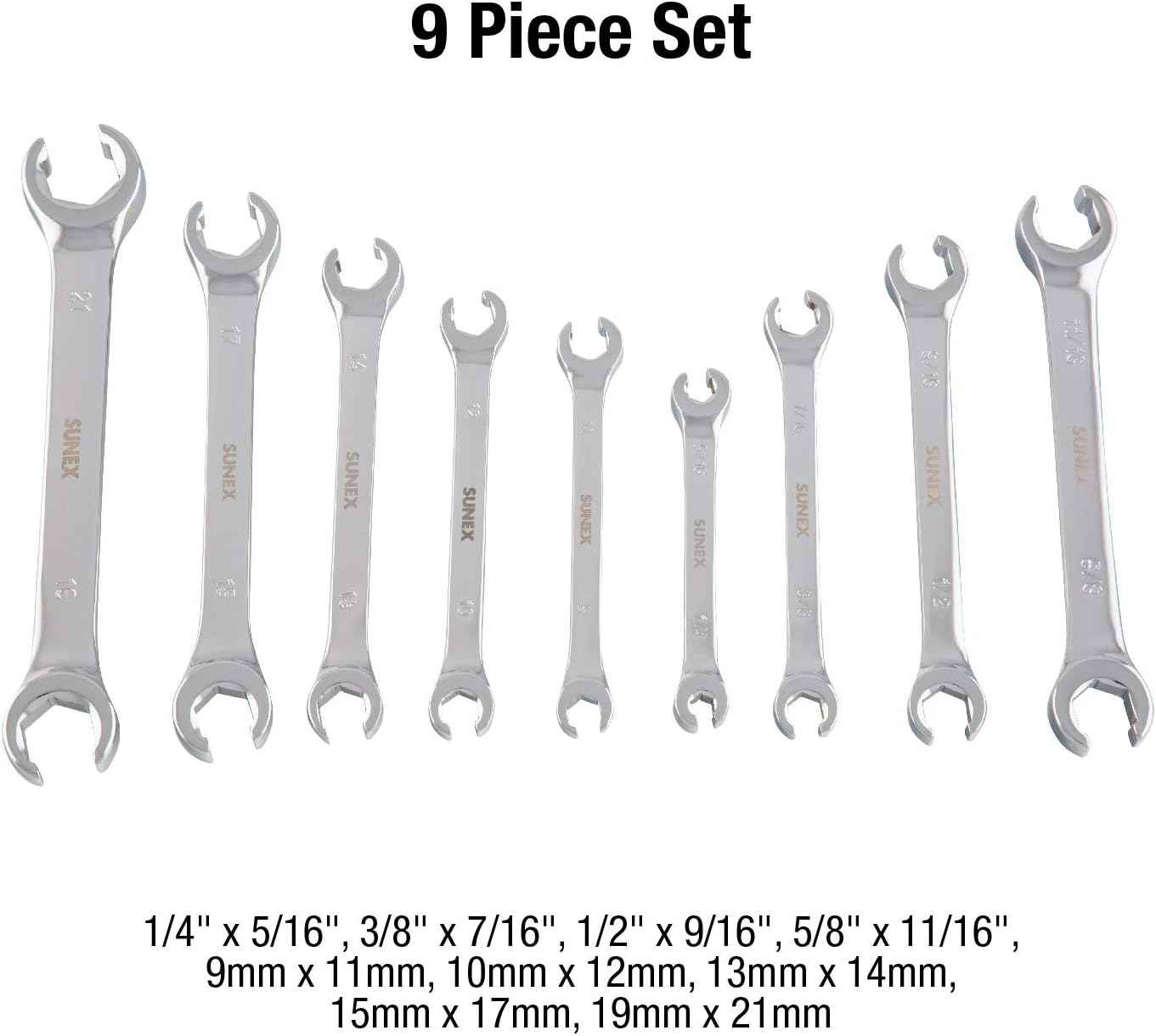 Sunex 9809A Flare Nut Wrench Set - 9-Piece SAE & Metric, Fully Polished with Roll Case