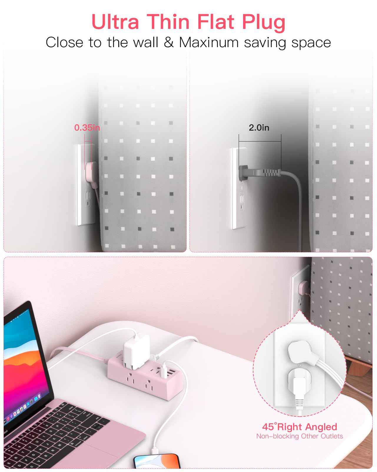 5Ft Extension Cord with Multiple Outlets, Flat Plug Power Strip Surge Protector with 5 Ft Long Cord, 6 Outlet 3 USB Ports (1 USB C), Multi Outlet Wall Plug for Travel, Dorm Room Essentials-Pink