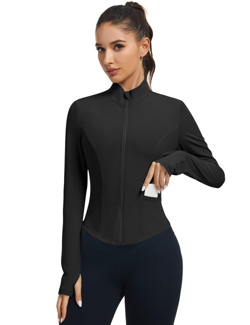LOMON Cropped Jacket Women Black Zip Up Jacket Active Long Sleeve Tops for Women Running Shirts Gym Golf Compression Black XS