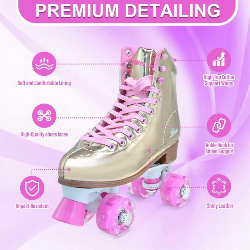 Roller Skate for Women, High-Top PU Leather Quad Skates Size 11 for Beginner, Laser Shiny Gold Double-Row Rollerskates for Girls Ages 8-50 Outdoor and Indoor
