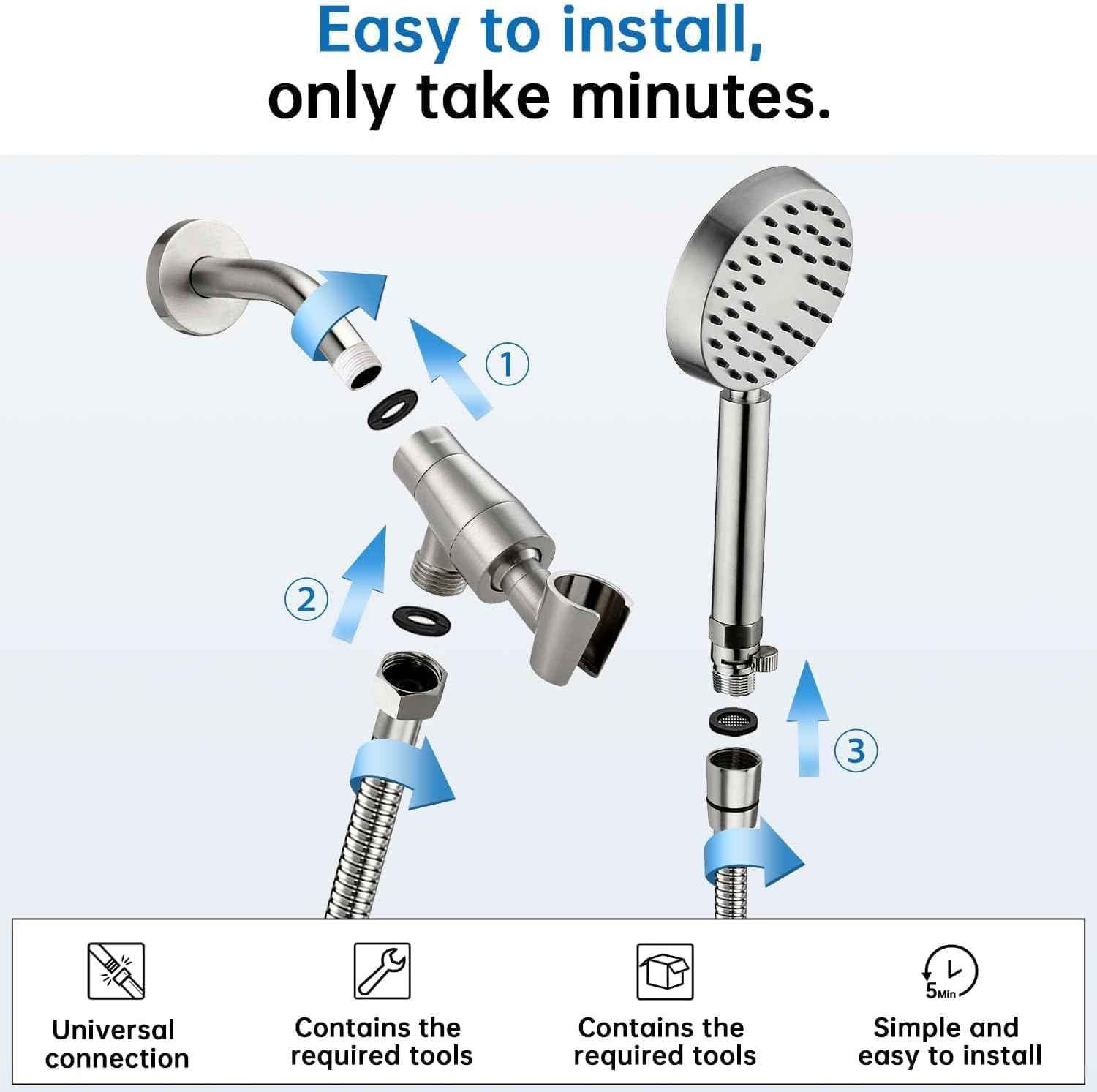 Brushed Nickel Handheld Shower Head with Extra Long Hose & Water-Saving Valve - Modern Design, 1 Setting, 10-Year Warranty
