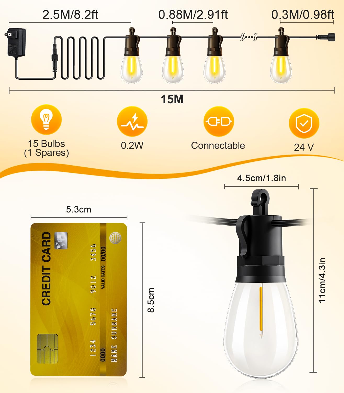 Outdoor-String-Lights-Patio-LED-Light-Outside 50Ft 15M Waterproof Remote Dimmable S14 LED Porch Lighting with 15 Edison Plastic Bulb Hanging Lights Connectable for Backyard Yard Gazebo Party Garden