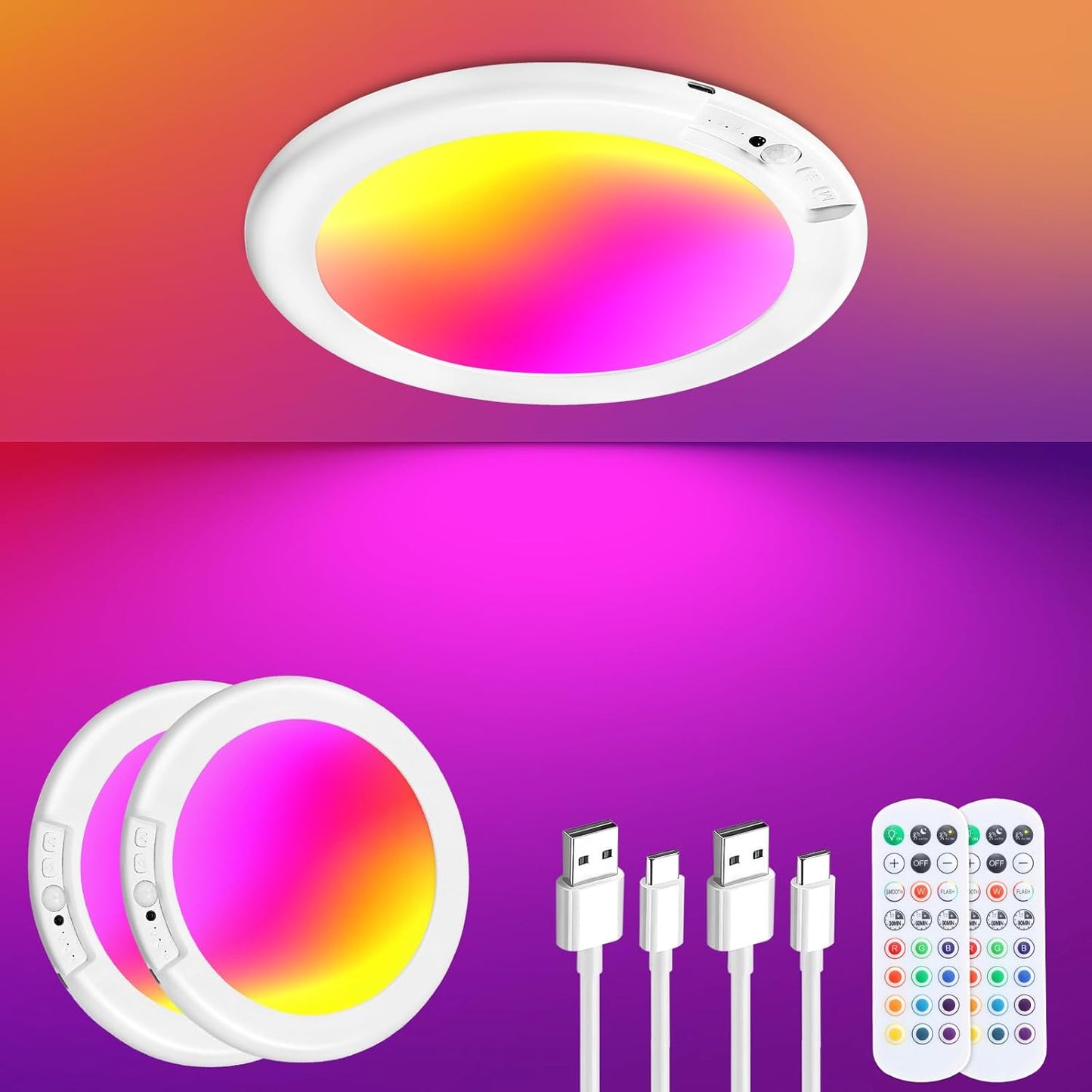 Rechargeable Motion Sensor Ceiling Light - 2 Pack Wireless Battery-Powered with Remote for Closet, Shower, Stairs, and Hallway
