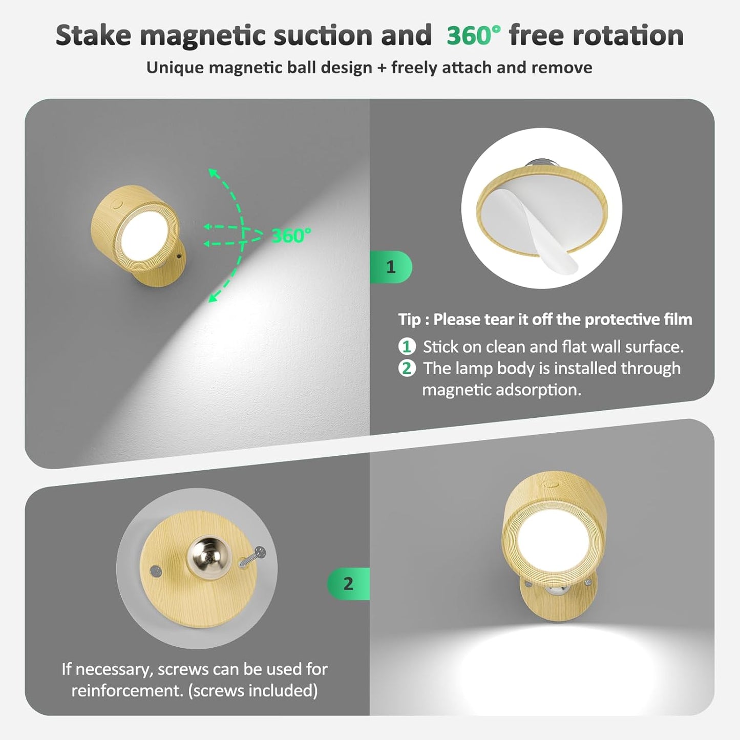 Rechargeable LED Wall Mounted Lights - 3 Pack with Remote, Dimmable & 360° Rotation for Bedroom