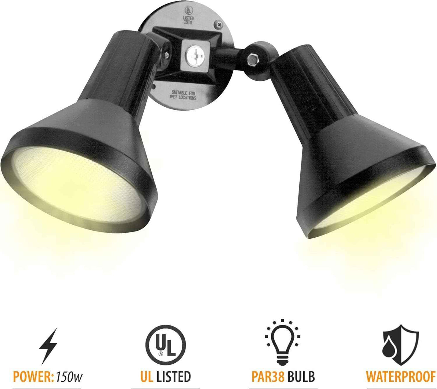 150W Outdoor Security Flood Light - Dual Head, Weatherproof Cast Aluminum, Dark Bronze Finish